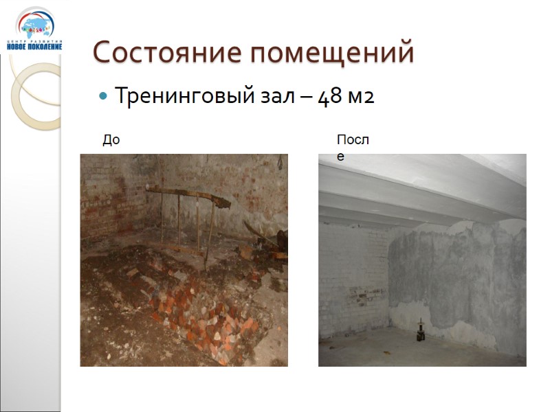 Состояние помещений Тренинговый зал – 48 м2 До После